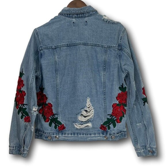 Vintage Jackets & Blazers - Vintage Distressed & Ripped Embroidered Rose Art Denim Trucker Jean Jacket